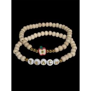 Teach Beaded Letter Stretchy Bracelet Teacher Wooden Beads 2 Piece Set